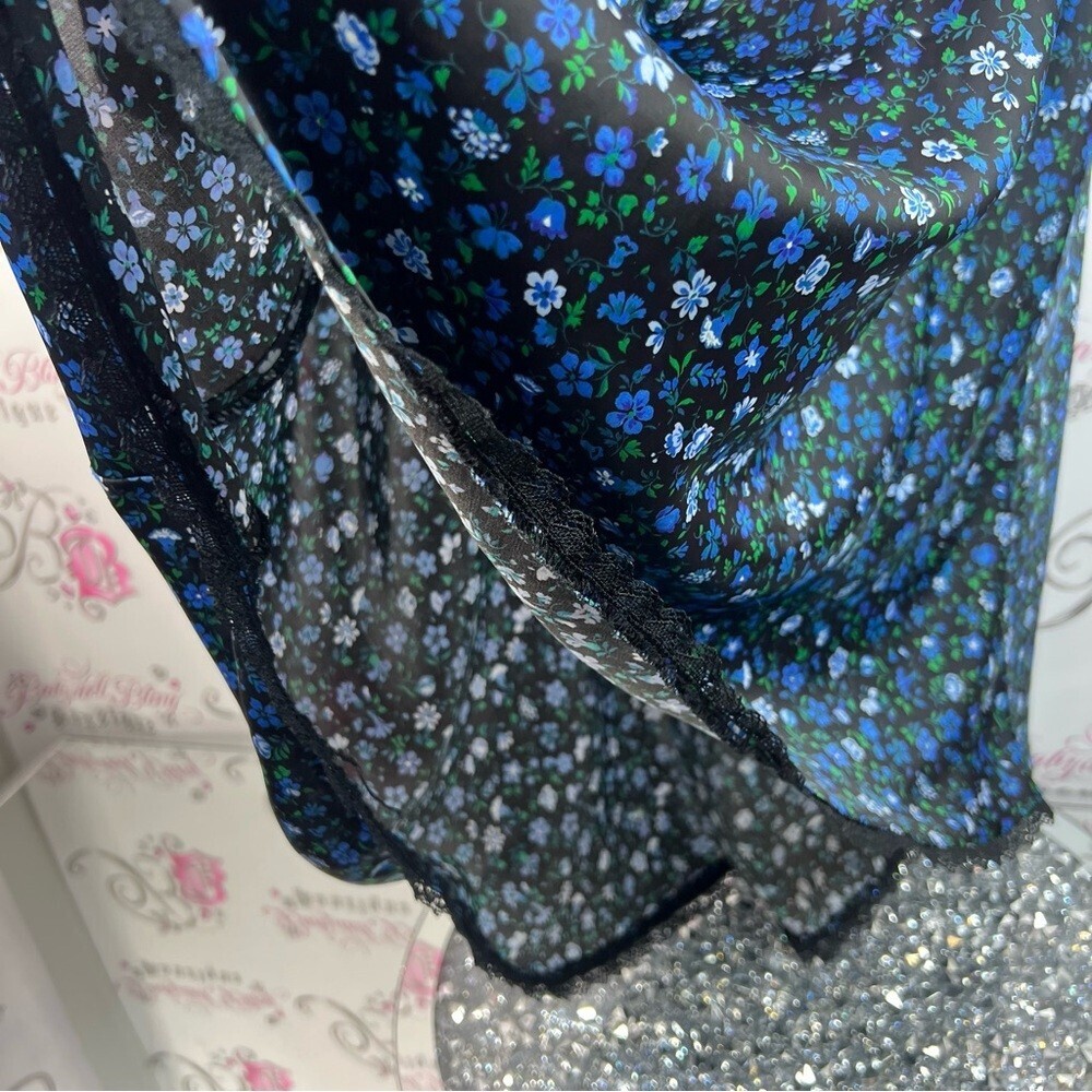 Zara long maxi flowers black Floral Blue Skirt green lace trim bottom hem - Picture 4 of 13